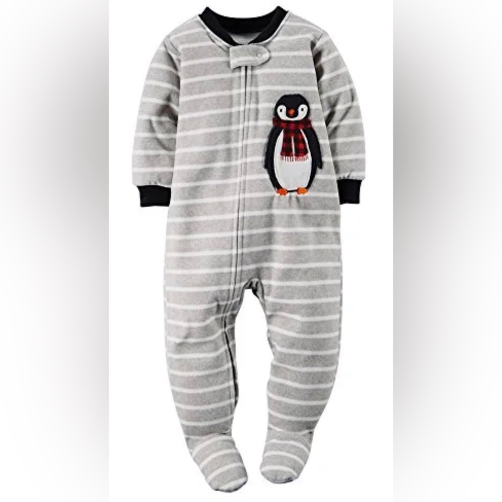 Carter's Gray Striped Footed Onesie fleeced pajama with Penguin
